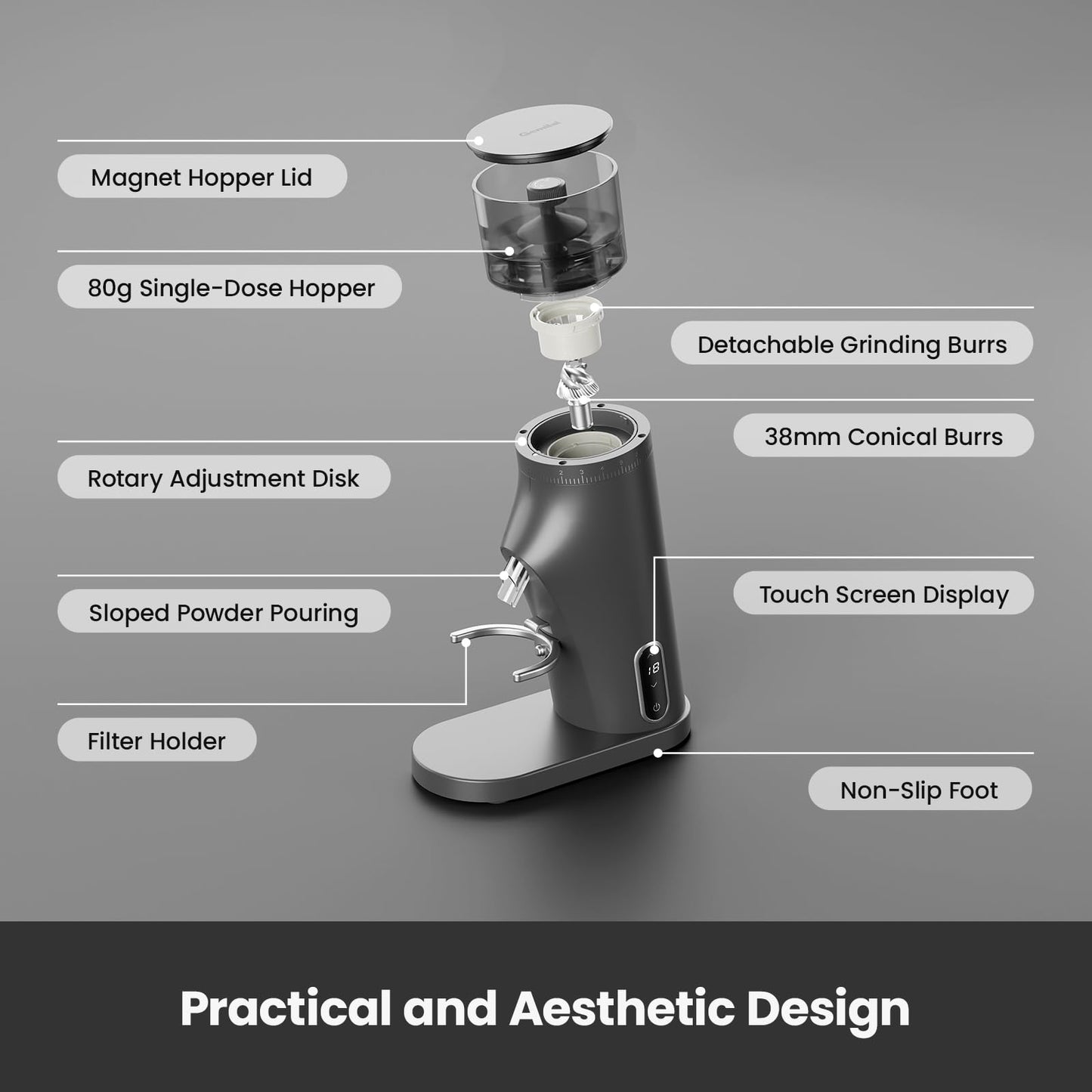 Gemilai Electric Conical Burr Coffee Grinder, Coffee Bean Grinder with Smart 60S Timer, 60 Precise Adjustable Grind Settings for Espresso, 2-12 Cup, Easy to Clean, Durable & Quiet, G9010B White