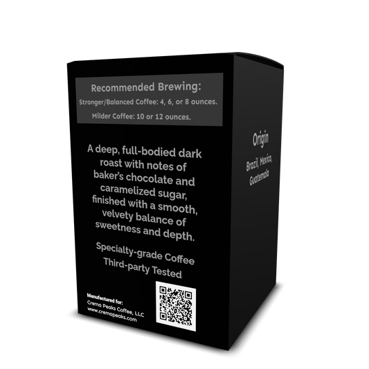 Black Crest Blend Pods (12), Remarkably Smooth & Velvety. Balanced Finish with notes of baker’s chocolate and caramelized sweetness. - Crema Peaks Coffee