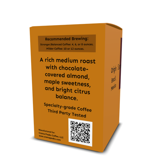 Heritage Peak Pods (12), A rich medium roast blend balanced for Daily Ritual. Nutty richness with warming sweetness and vibrant acidity. - Crema Peaks Coffee