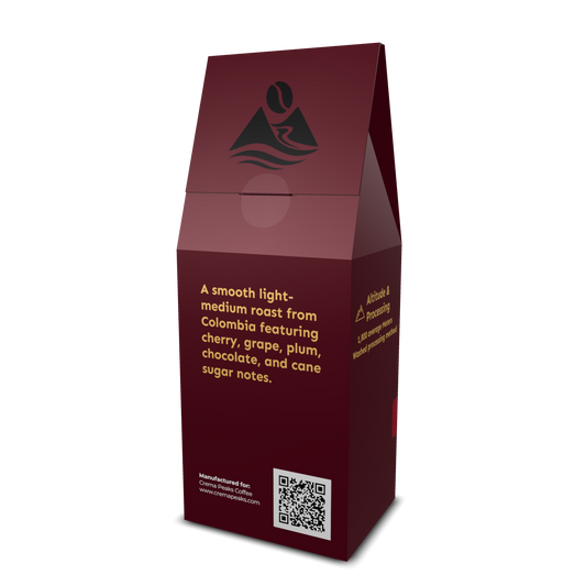 Crema Peaks Coffee Maroon coffee packaging with text and a QR code with single origin coffee tasting notes