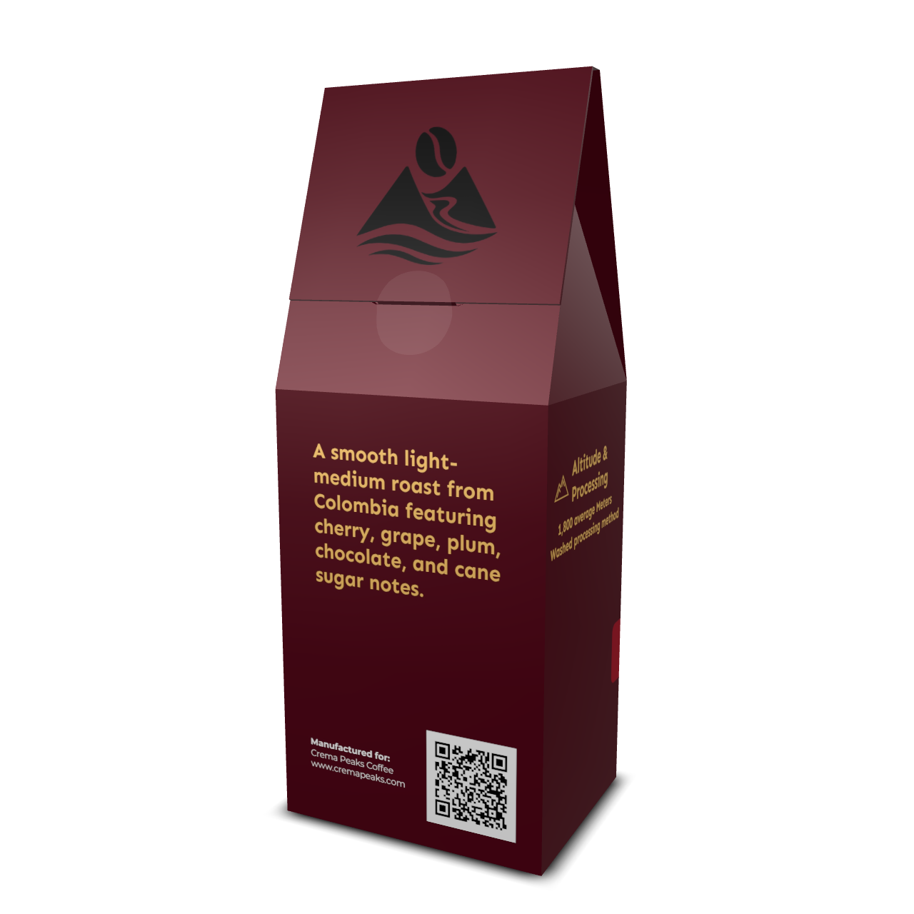 Crema Peaks Coffee Maroon coffee packaging with text and a QR code with single origin coffee tasting notes