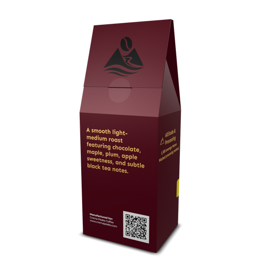 Maroon coffee packaging with text and a QR code with light-medium single origin tasting notes