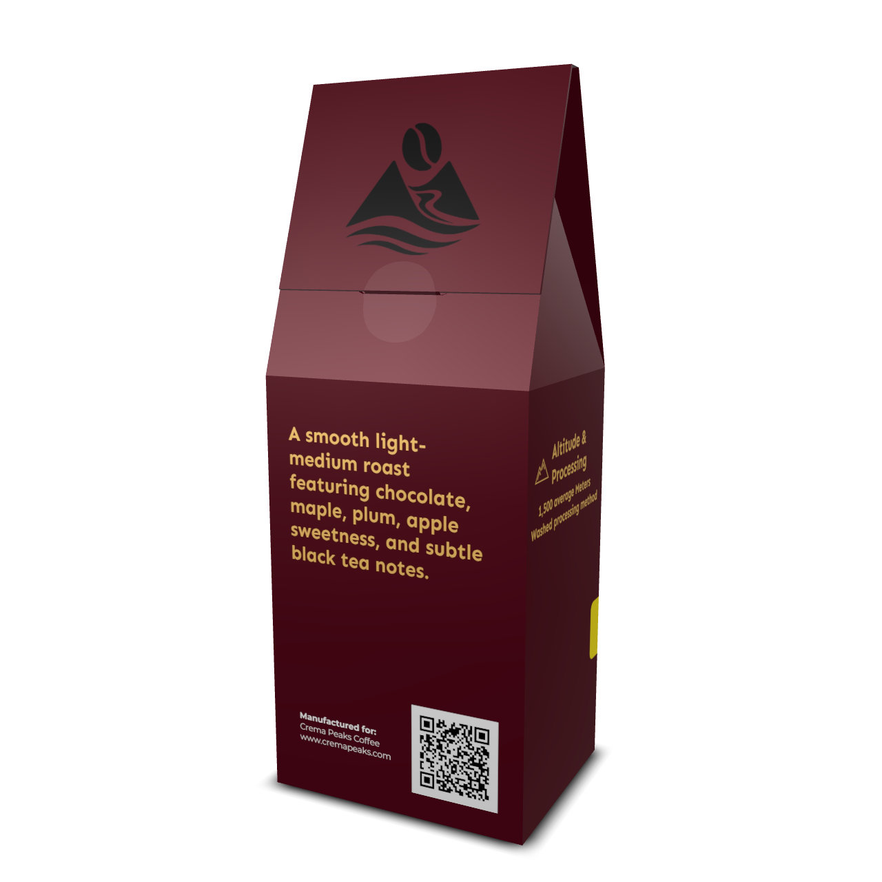 Maroon coffee packaging with text and a QR code with light-medium single origin tasting notes