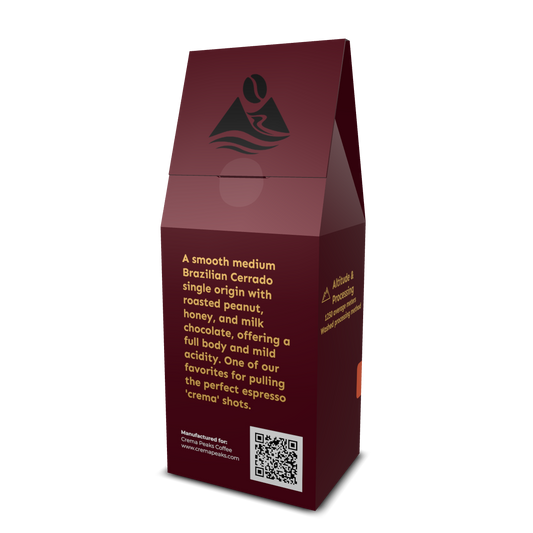Maroon coffee packaging with text and a QR code with medium roast and single origin tasting notes
