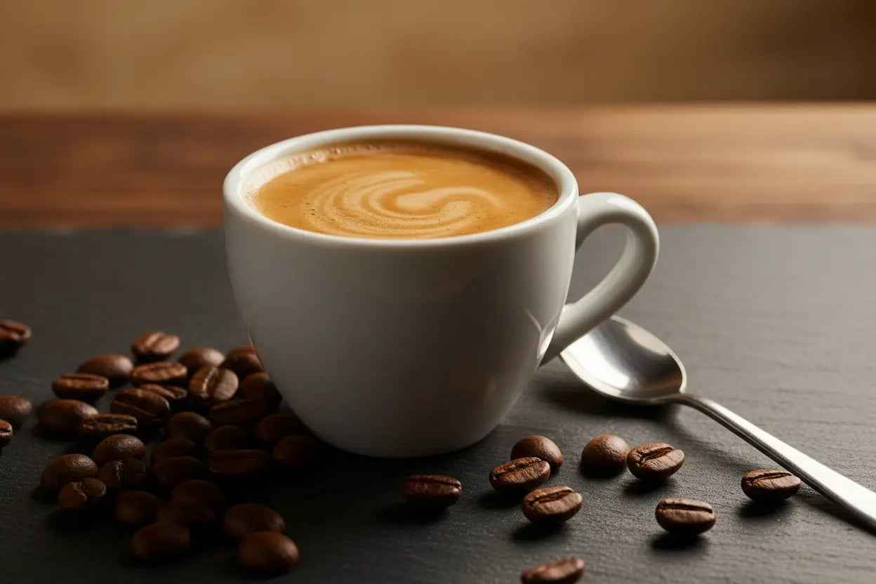 A bag of Crema Peaks specialty Arabica espresso beans beside a home espresso machine pulling a rich golden shot, representing the best coffee beans for home espresso in 2026.