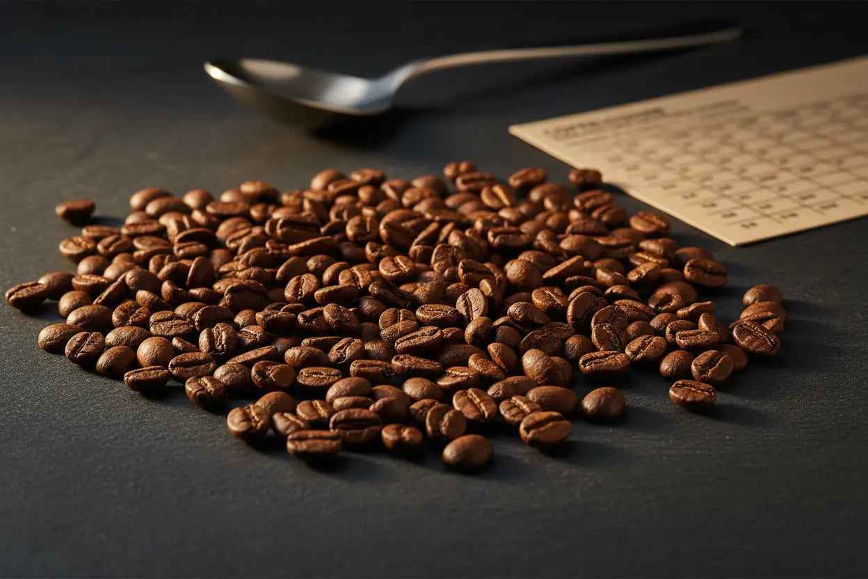Freshly roasted specialty grade Arabica coffee beans in a wooden bowl with a clean white background, representing the quality standards that define specialty coffee over commodity blends.