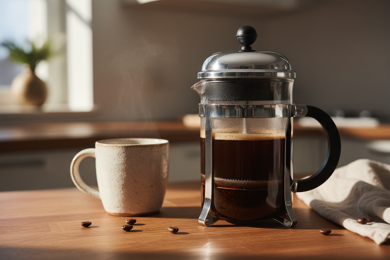 A close-up of a French press mid-plunge with warm morning light