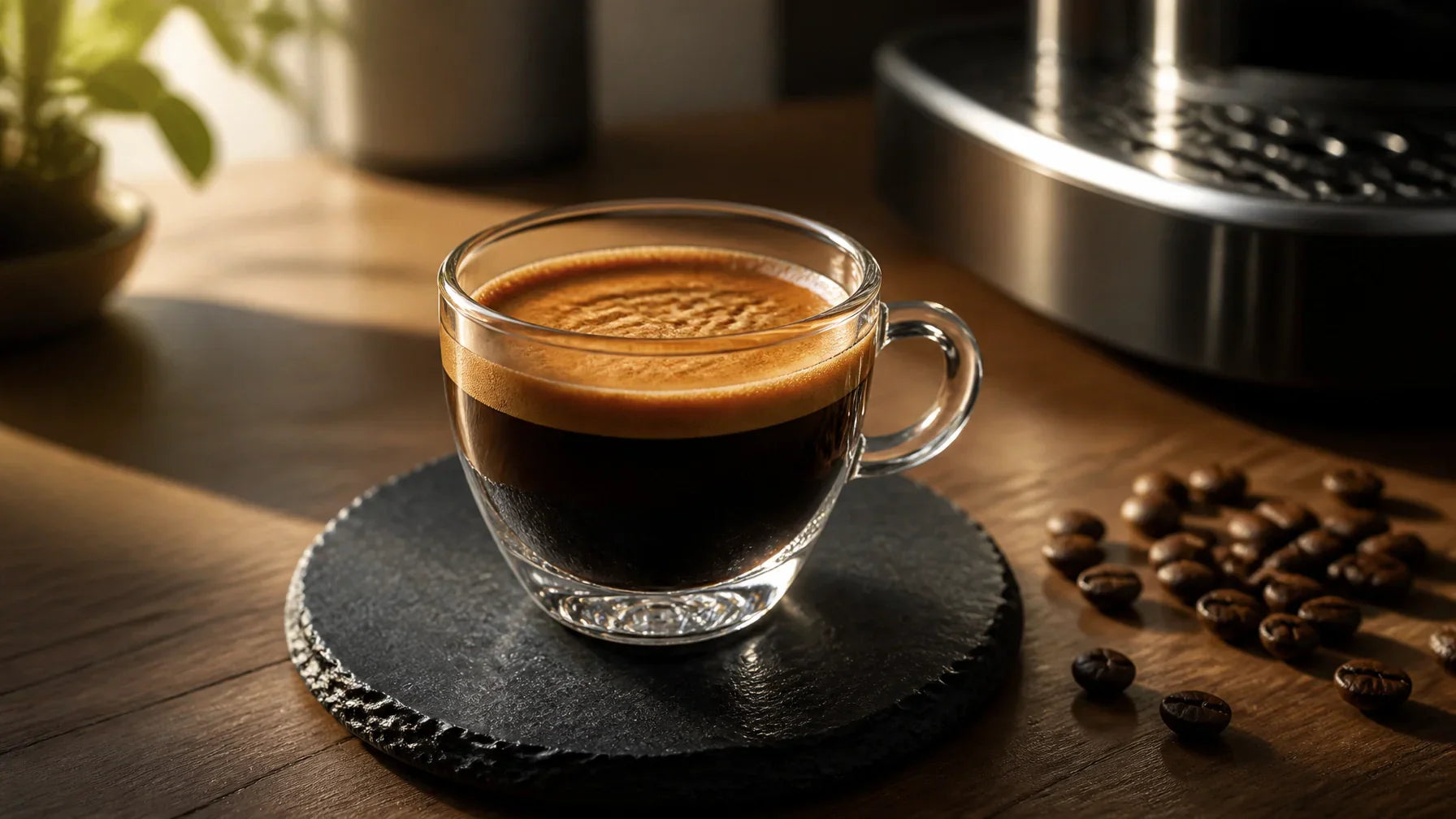 A perfectly pulled espresso shot with thick golden crema in a white demitasse — the result of Crema Peaks specialty-grade, purity-tested Arabica beans and precision roasting.