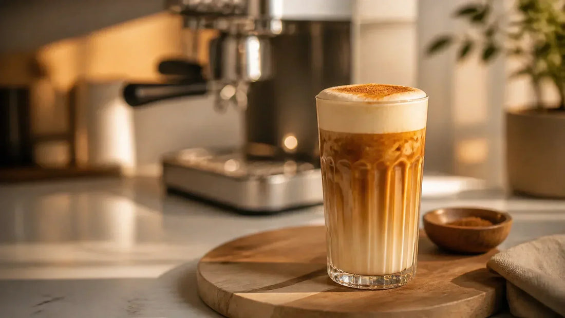 A tall glass of Brown Sugar Oatmilk Shaken Espresso with dark espresso foam marbling into creamy oat milk over ice, dusted with cinnamon — made with Crema Peaks Tri-Peak Blend.