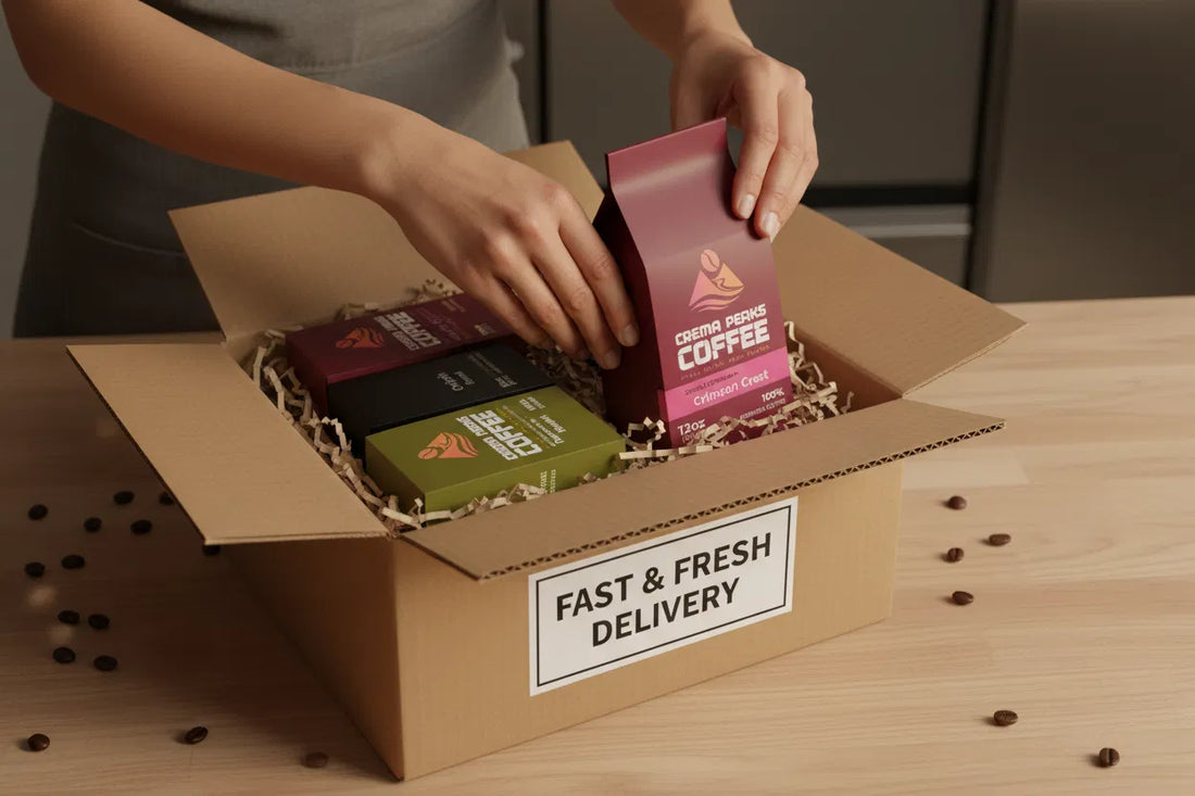 A Crema Peaks coffee subscription box packed fresh and ready for delivery — specialty-grade, purity-tested Arabica beans roasted to order for a consistent, smooth morning ritual.
