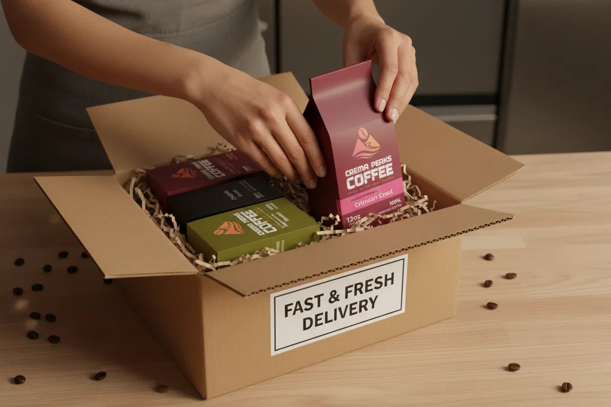 A Crema Peaks coffee subscription box packed fresh and ready for delivery — specialty-grade, purity-tested Arabica beans roasted to order for a consistent, smooth morning ritual.
