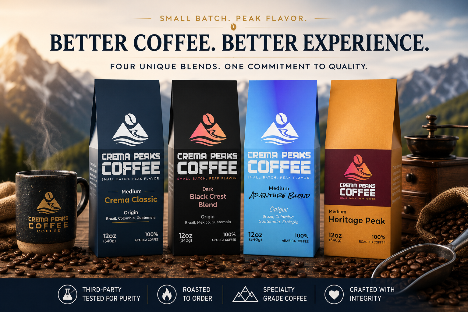 The complete Crema Peaks coffee lineup — specialty-grade, purity-tested roasts, blends, and single origins from dark to light, all roasted fresh to order for a smooth, stomach-friendly cup.