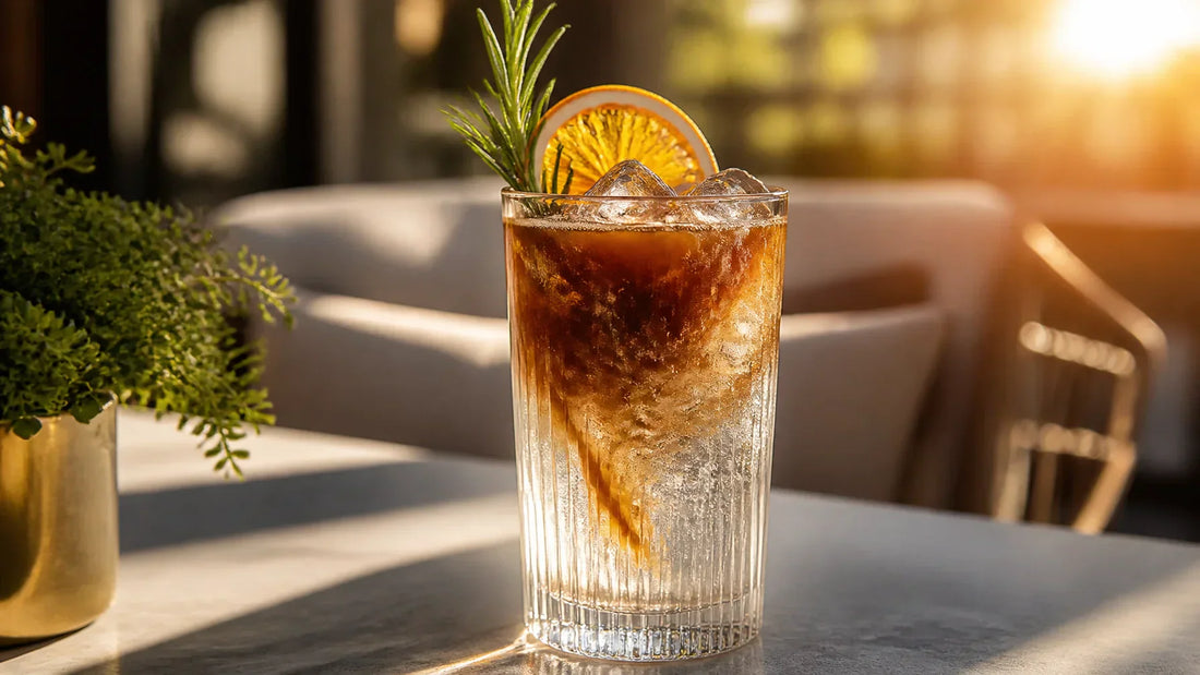 A tall highball glass of Espresso Tonic with dark espresso layered over sparkling tonic water and ice, garnished with rosemary and orange — the ultimate summer coffee drink.