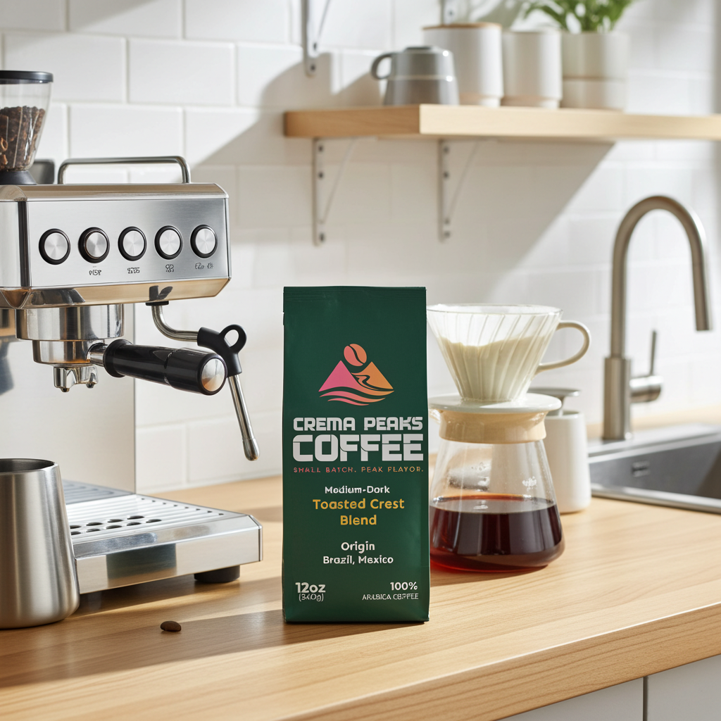 Crema Peaks Coffee package on a kitchen counter with an espresso machine and coffee pour over.