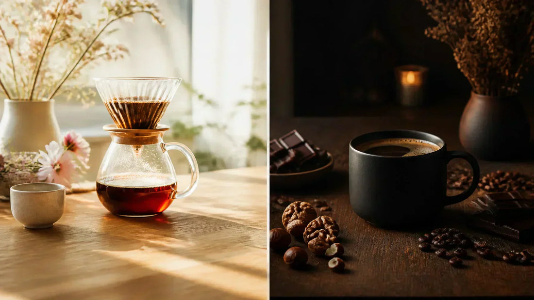 Crema Peaks Golden Compass light roast and Cerrado Midnight dark roast side by side — two purity-tested, low-acid specialty coffees for every mood and brewing style.