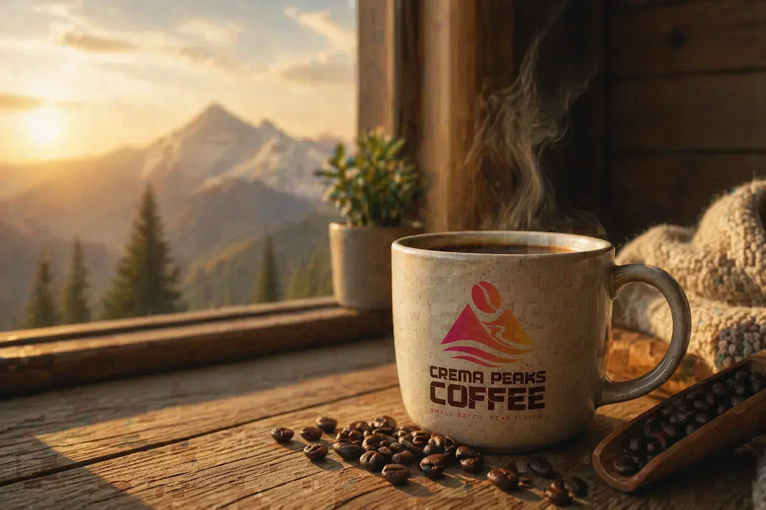 A steaming cup of Crema Peaks Indigo Sumatra Decaf coffee, representing a clean, chemical-free Swiss Water Process decaf ritual.