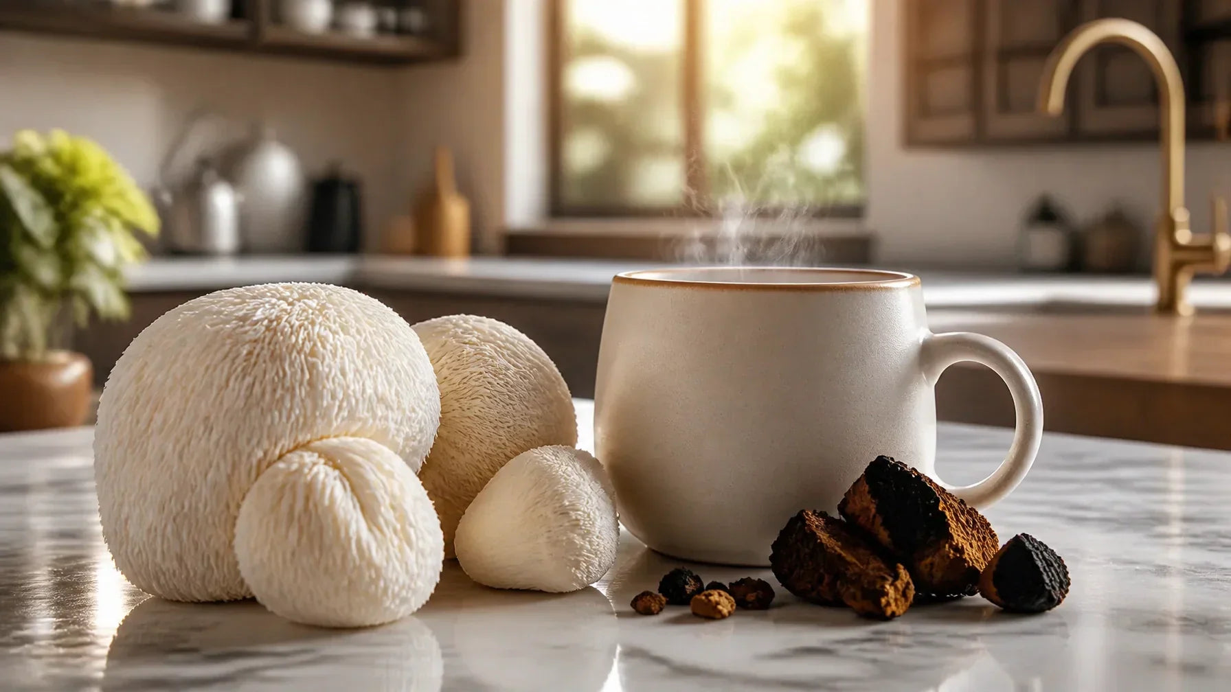 A steaming cup of Crema Peaks Mindful Blend functional mushroom coffee on a desk with Lion's Mane and Chaga mushrooms, representing focus and productivity.