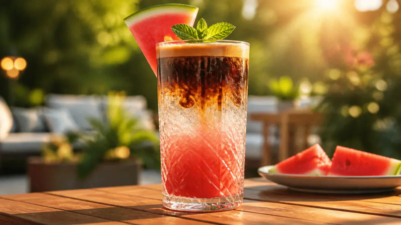 A tall glass of Watermelon Espresso Spritzer with a dark espresso float over pink watermelon juice and sparkling water, garnished with fresh mint — made with Crema Peaks Black Crest Blend.