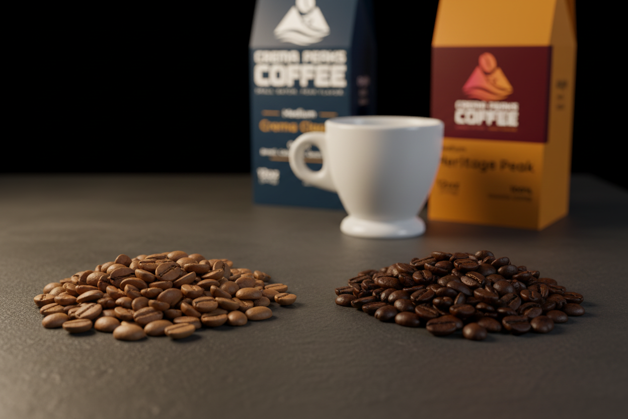 two bean varieties side by side, a ceramic espresso cup, and your Crema Peaks bags in the background 