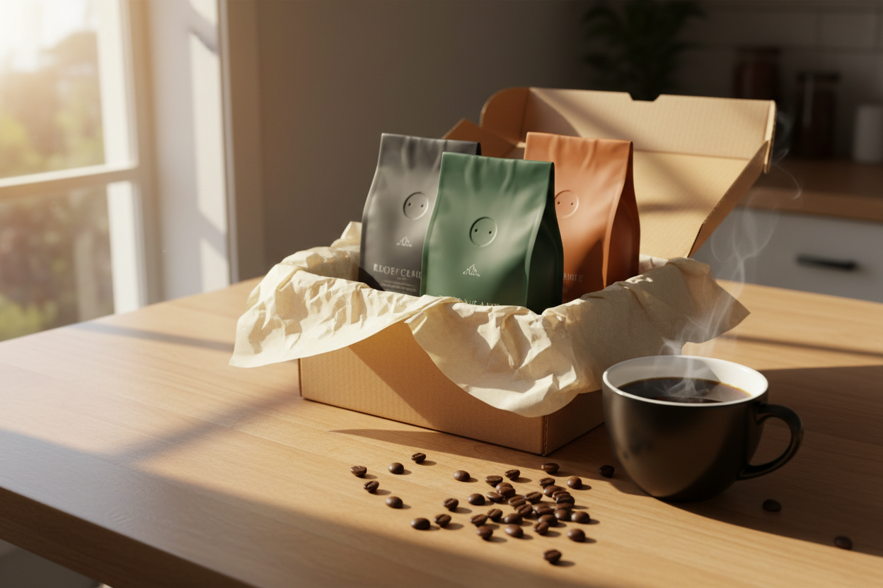 A premium unboxing moment — open subscription box with artisan coffee bags, a fresh cup, and scattered beans on a warm wooden counter. Perfect for the subscription article.