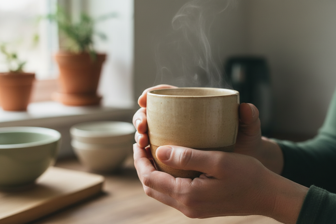 hands cradling a warm mug, natural light, muted earth tones, more of a personal/journalistic vibe that suits an IBS-focused health.