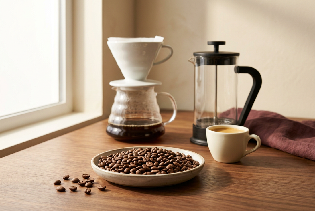 Whole coffee beans with pour-over, French press, and espresso shot on a warm walnut counter.