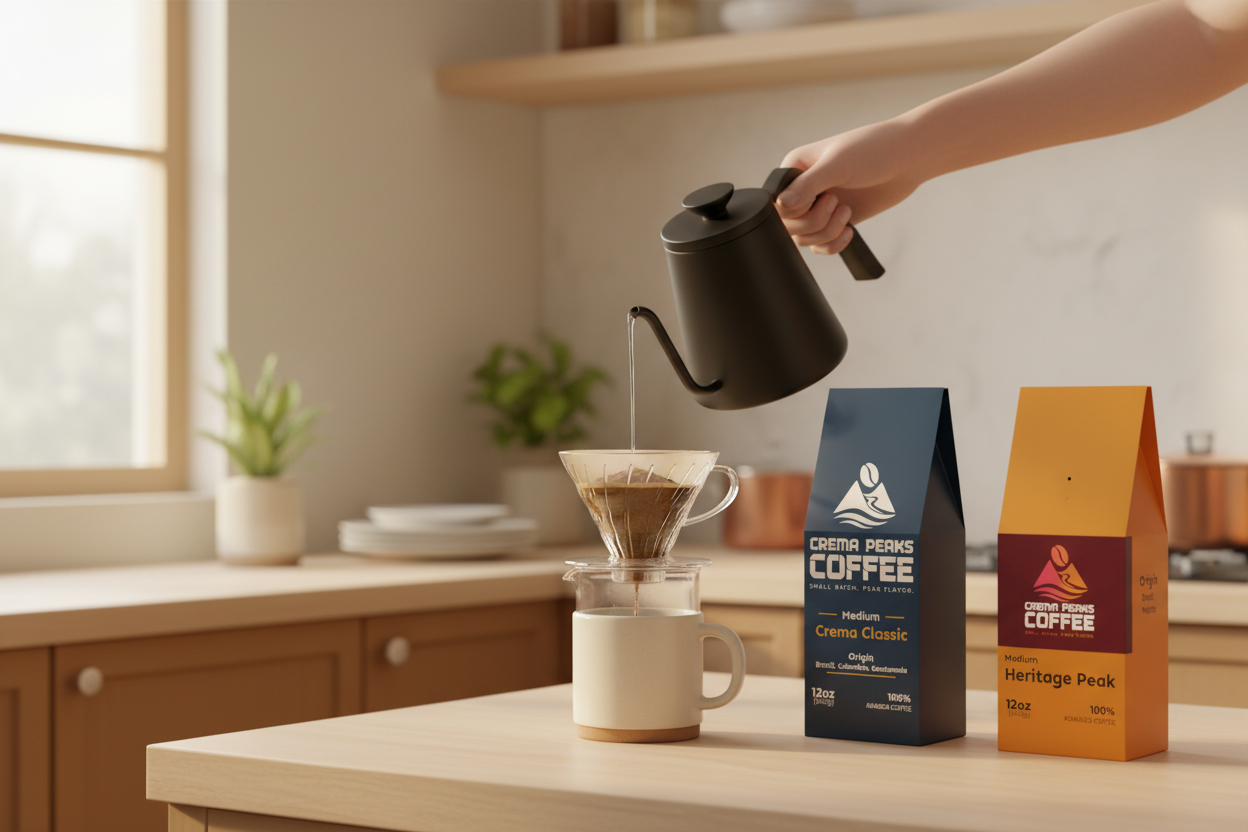  features both the Crema Classic and Heritage Peak bags as the hero products in the pour-over morning scene