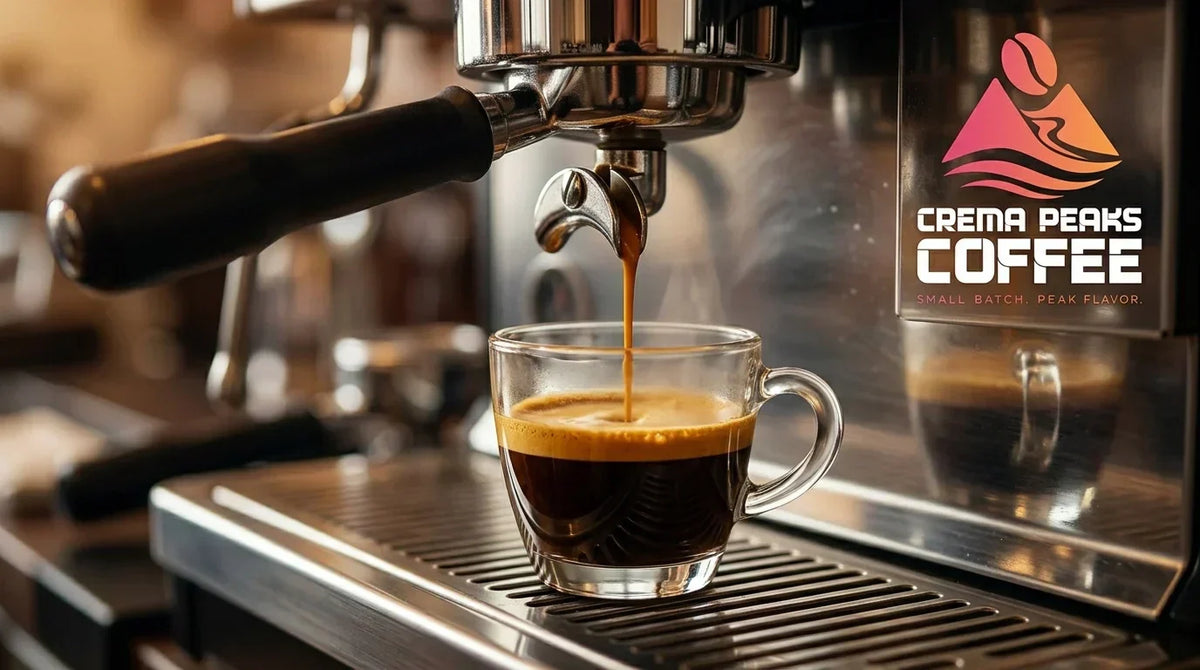 A barista pulling a perfect espresso shot from a home machine using freshly roasted Crema Peaks coffee beans, with rich golden crema forming in a white ceramic cup.