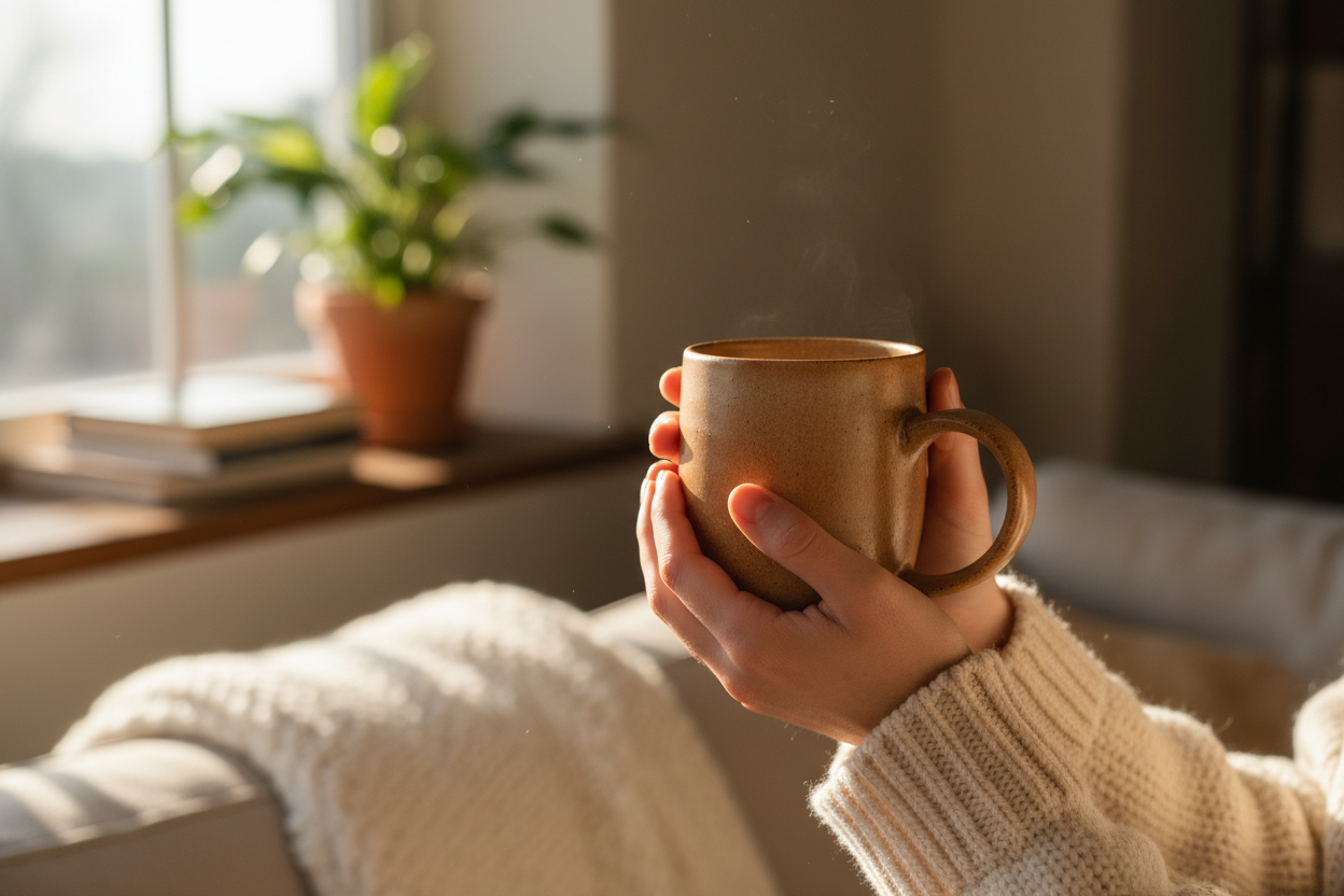  peaceful morning moment — hands wrapped around a warm mug by a sunlit window, relaxed and content.