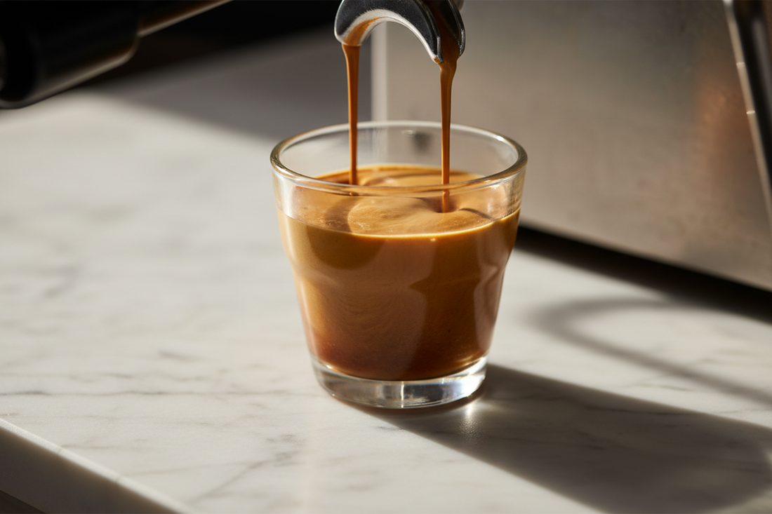 A dramatic close-up of a double espresso pouring into a clear demitasse with a thick golden crema crown 