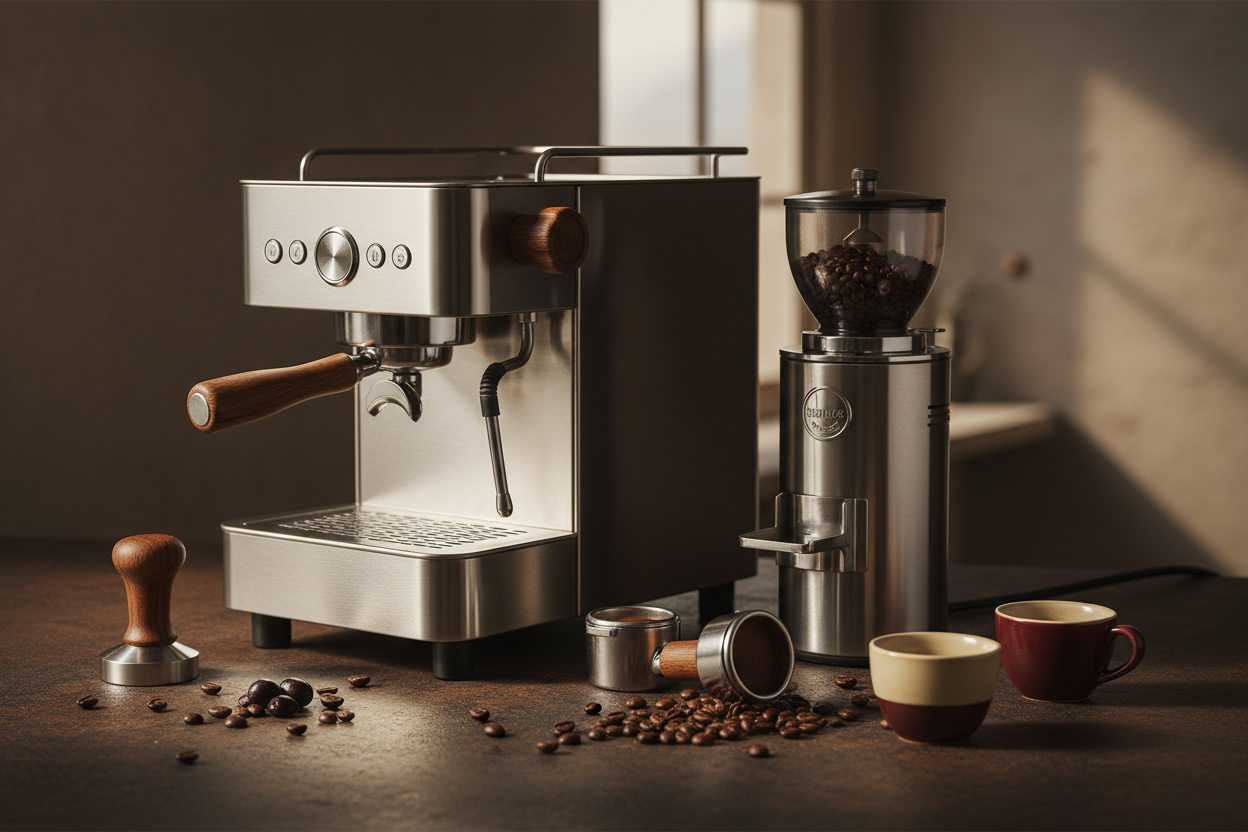  features a sleek espresso machine, a professional coffee grinder, and accessories (tamper, portafilter, scattered beans, ceramic cups) in a moody, editorial style with warm earthy tones and burgundy accents 