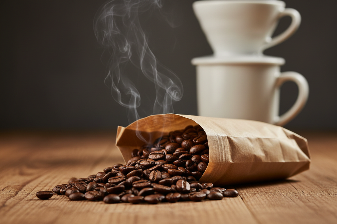 Glossy, freshly roasted beans spilling from a kraft bag with steam rising 