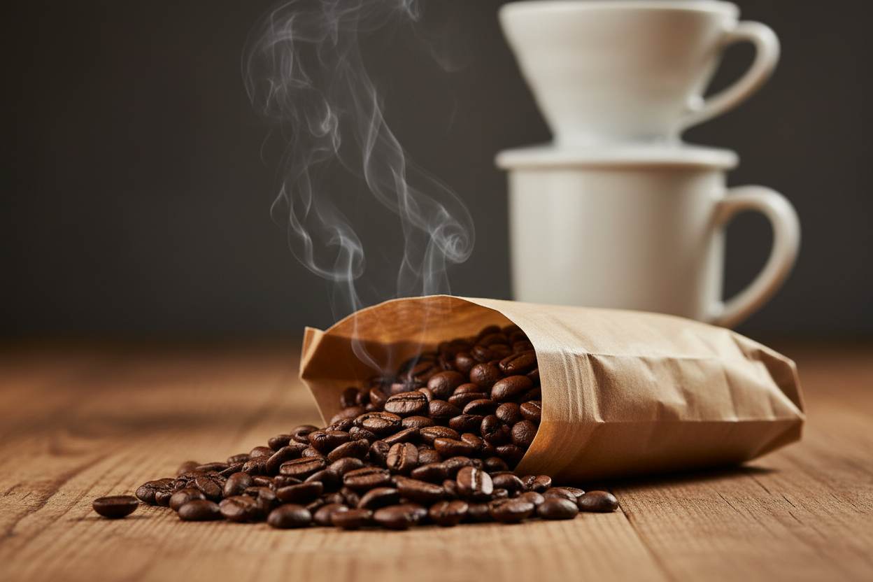 Glossy, freshly roasted beans spilling from a kraft bag with steam rising 