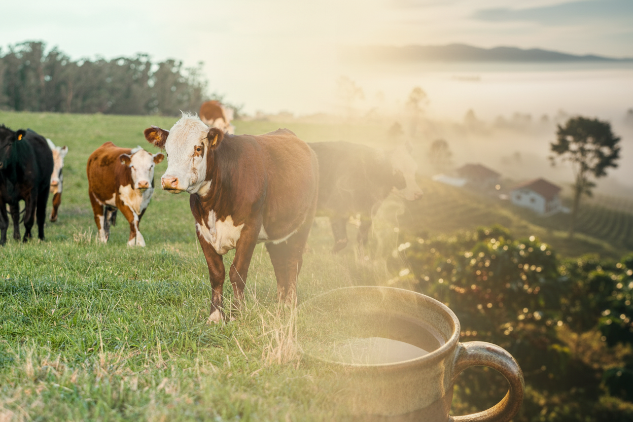 split-world composite blending the green cattle pasture on one side with the misty sunrise coffee farm on the other 