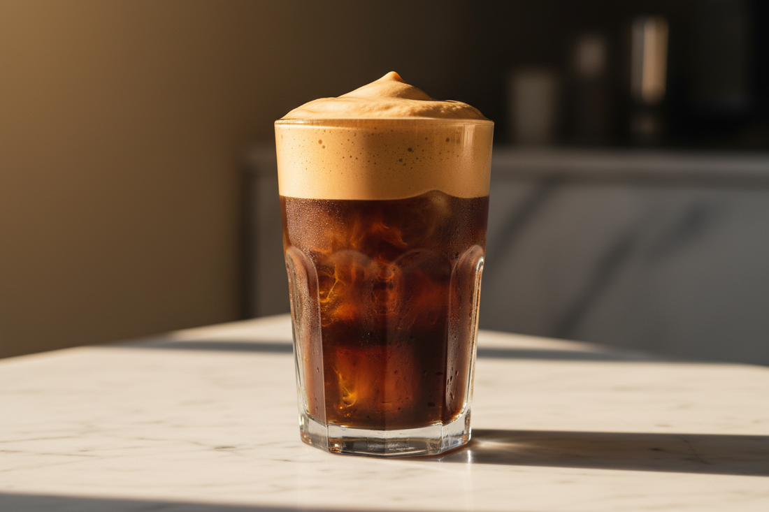 a tall chilled glass with the signature two-layer look — thick creamy espresso foam on top, dark cold espresso over clear ice below.