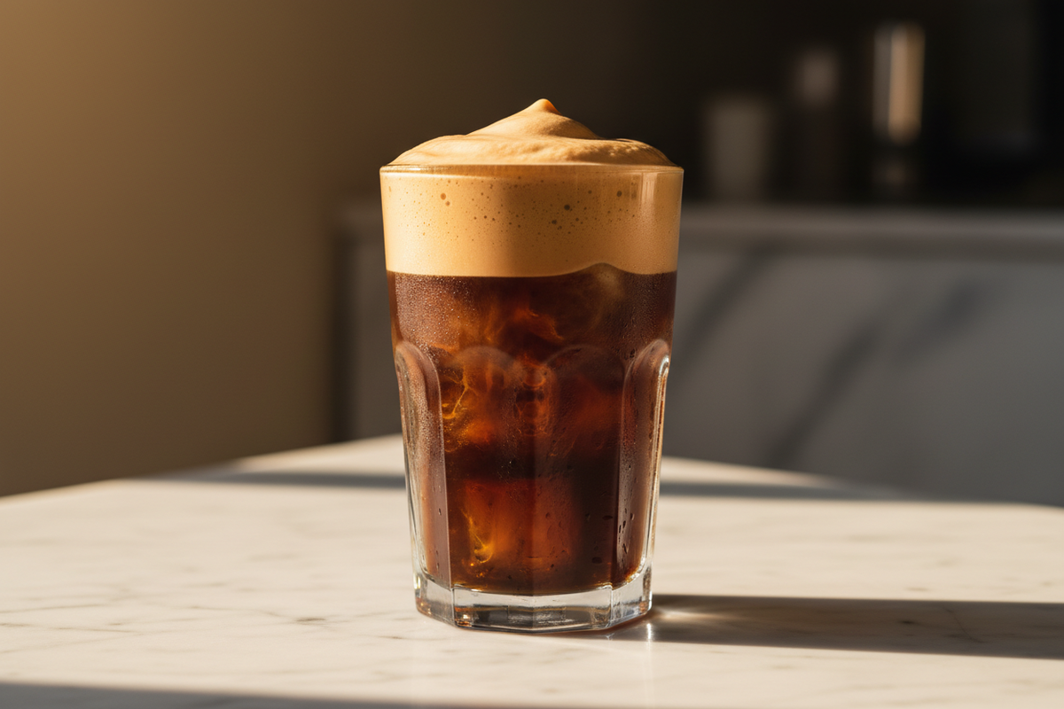 a tall chilled glass with the signature two-layer look — thick creamy espresso foam on top, dark cold espresso over clear ice below.