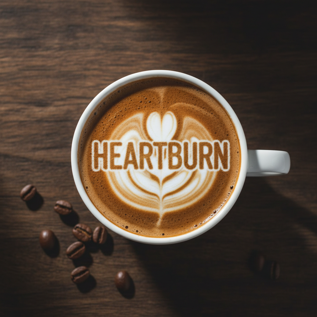 this is a top-down shot of a white ceramic mug with "Heartburn" written in steamed milk foam over rich espresso crema.