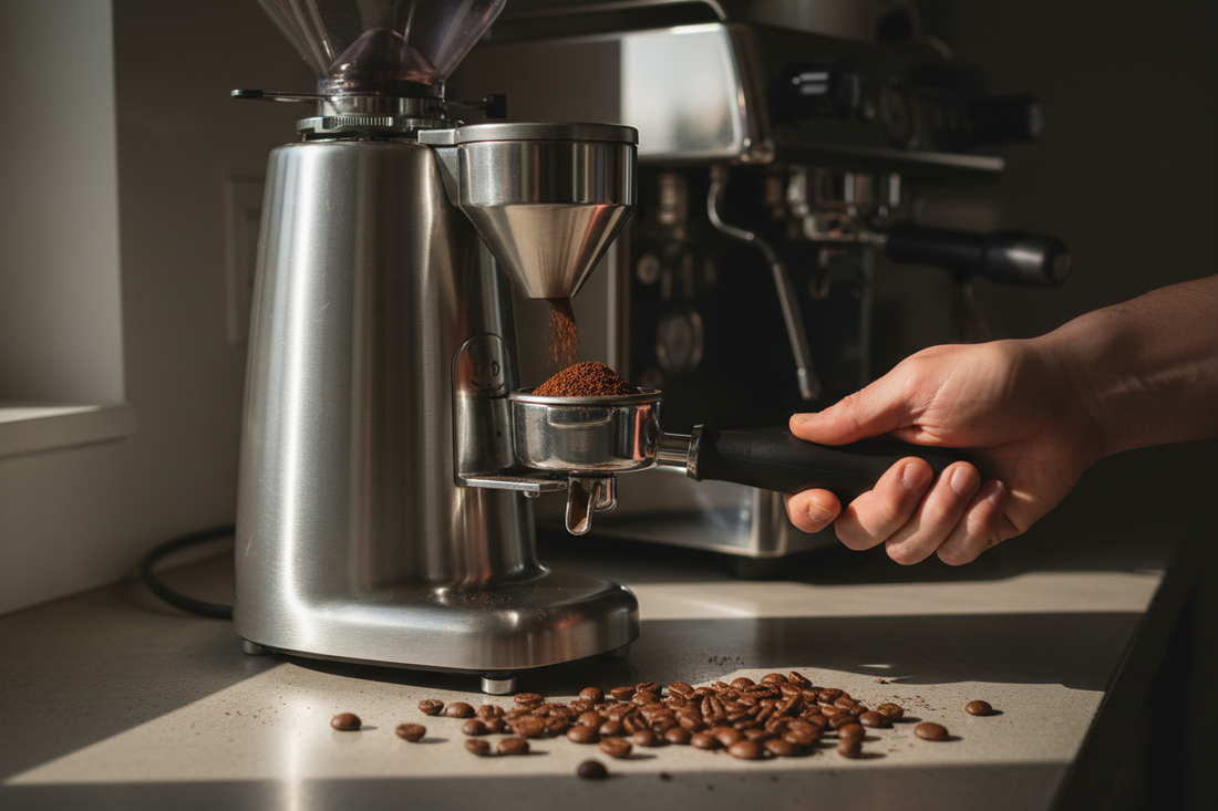 A dramatic close-up of a burr grinder dosing into a portafilter with the espresso machine softly blurred in the background 
