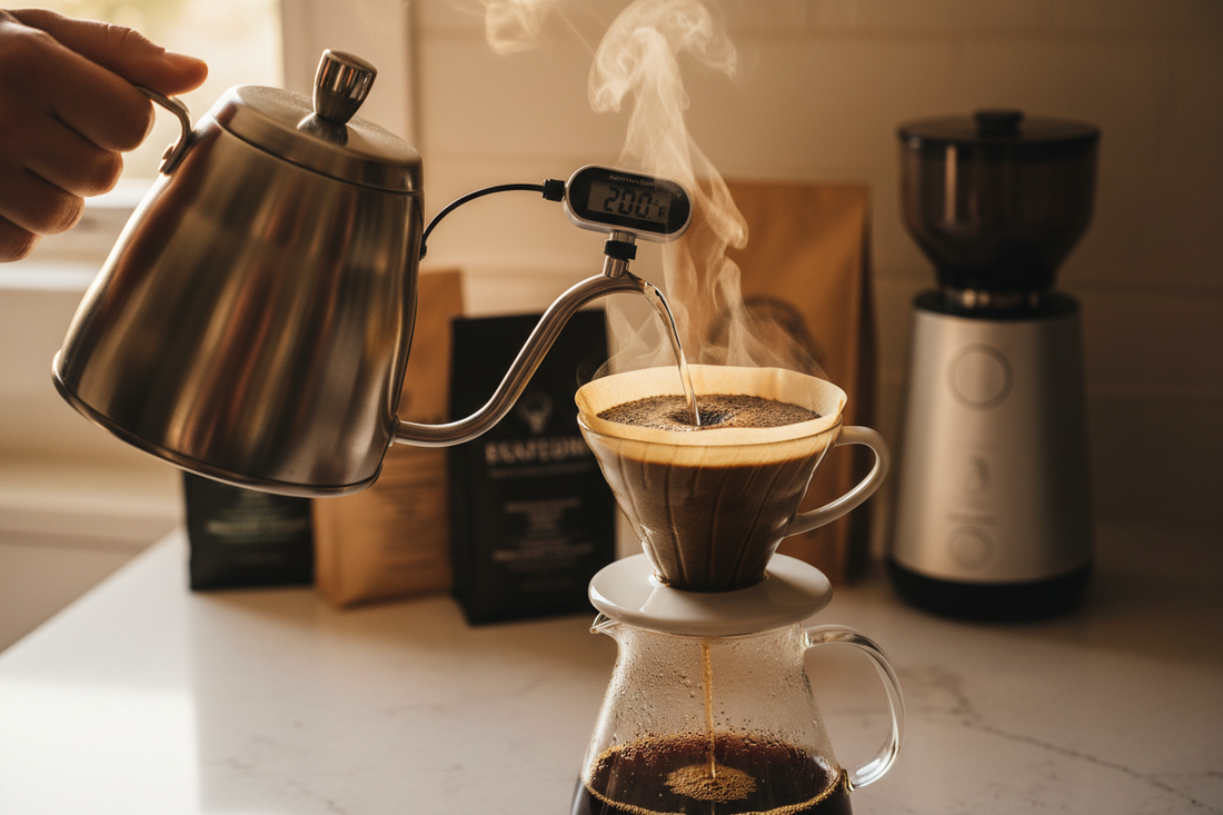 shows a barista carefully pouring from a gooseneck kettle over a pour-over dripper with steam rising 