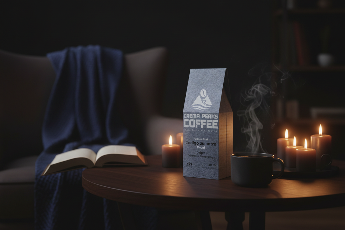 A moody evening ritual scene with the actual Indigo Sumatra bag as the hero — candlelight, steaming mug, book, and blanket. Perfect for the "night coffee without the acid"