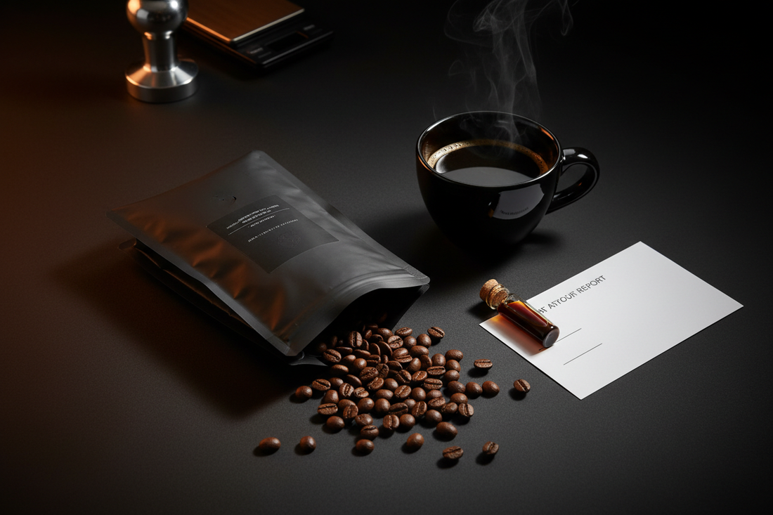  a moody, dark-toned flat lay with a coffee bag, espresso cup, and subtle lab elements to visually reinforce the purity/testing theme — premium and editorial without being clinical.