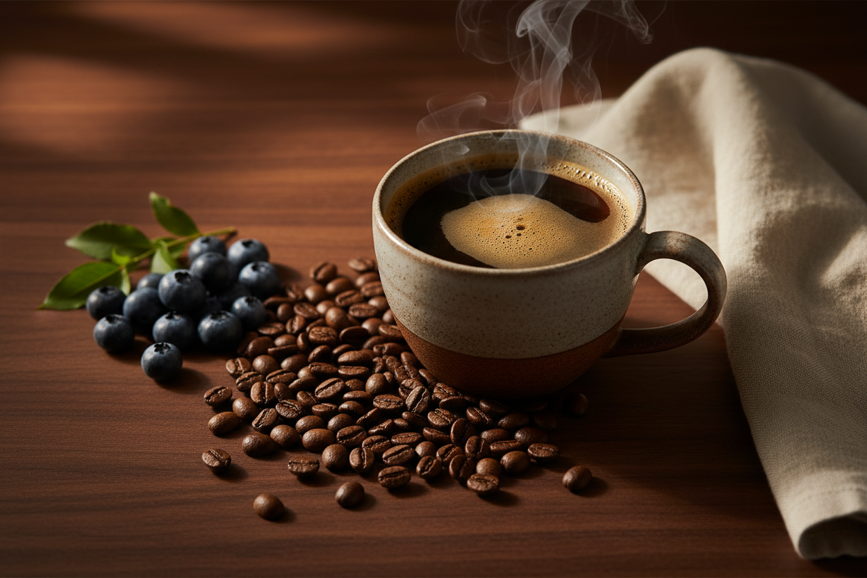 A moody editorial flat lay with a steaming mug with golden crema, arabica beans, fresh blueberries (nodding to the antioxidant angle), and cream linen on a dark walnut surface. 