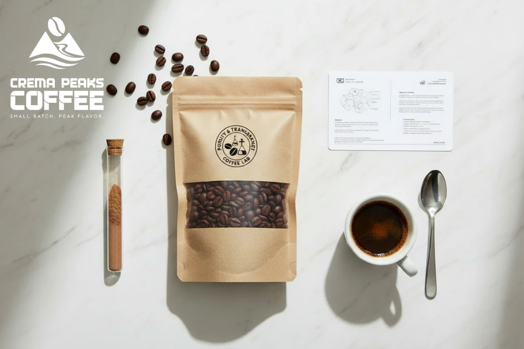 A clean, bright flat lay with coffee beans, a lab vial, a lab report card, and an espresso cup on white marble