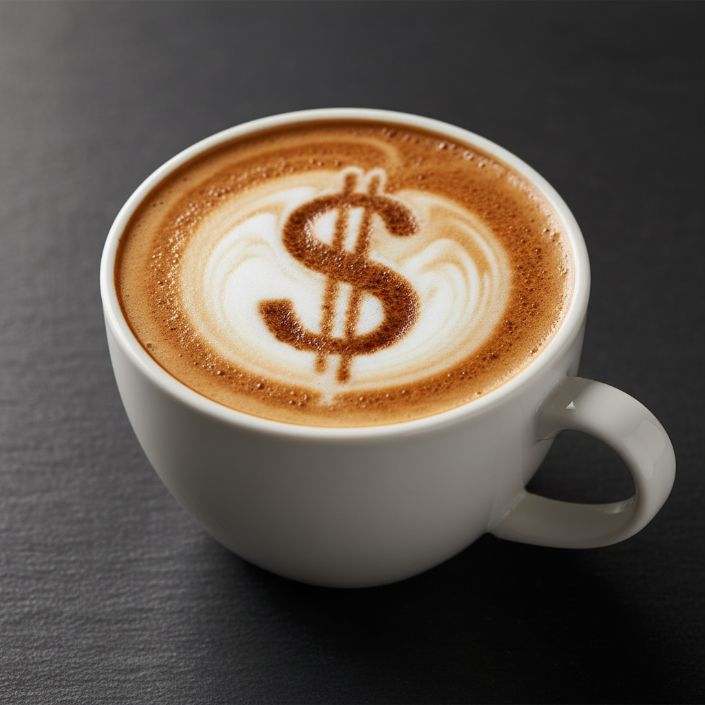 A fresh latte with a dollar sign etched into the foam — perfect visual hook for the "cheap coffee is actually costing you more"