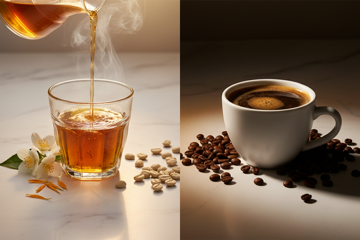 A dramatic split composition — bright golden pour-over on the left representing the Golden Compass, rich medium roast in a white ceramic cup on the right for the Crema Classic, with beans scattered between them graduating from light to dark.