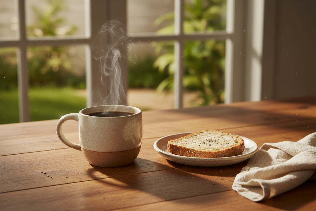 A premium coffee ritual featuring a steaming cup of smooth, dark coffee on a wooden table, with sunlight streaming through a window, reflecting a warm and welcoming atmosphere.