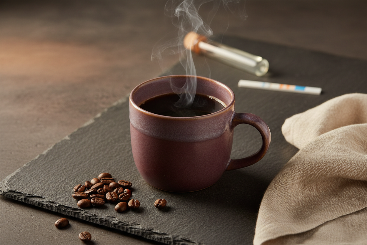 A moody editorial flat lay featuring a steaming ceramic mug, scattered arabica beans, a subtle lab element nodding to purity testing, and cream linen