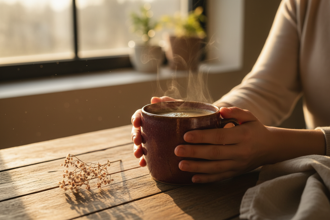 A warm, intimate morning scene — hands cradling a steaming mug by a sunlit window, golden light, cream linen, and botanicals. Captures that "coffee that loves you back" feeling .