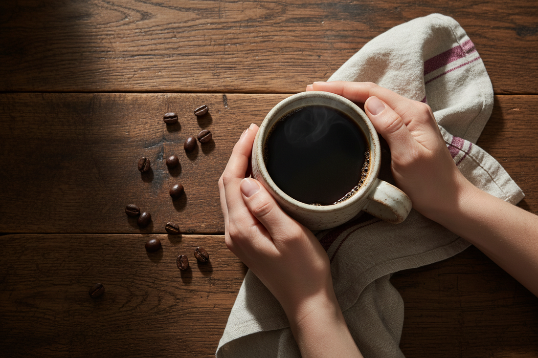 Hands cradling a warm cream ceramic mug of black coffee on a dark wood surface with scattered roasted coffee beans