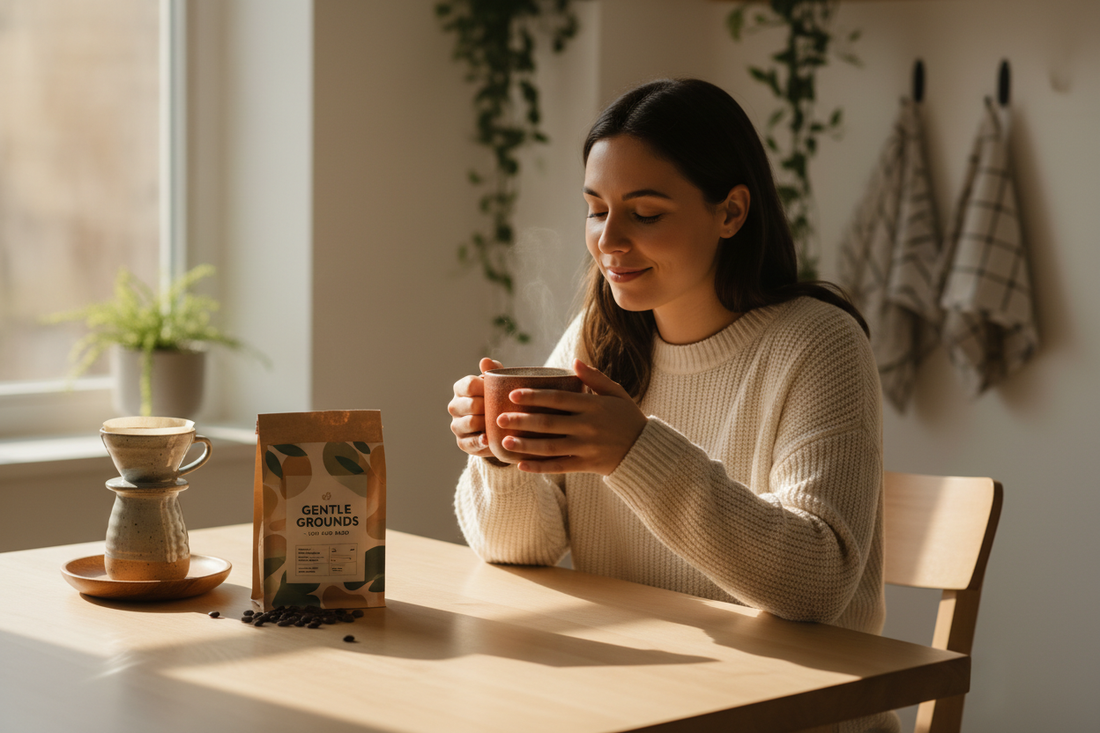 A person sitting comfortably at a bright kitchen table, hands relaxed around a ceramic mug of smooth low acid Crema Peaks coffee, conveying a stomach-friendly and heartburn-free morning coffee ritual.